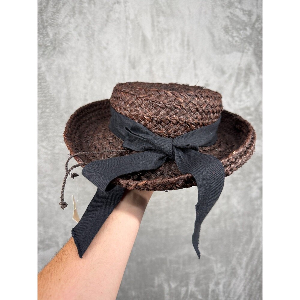 Vtg Helen Kaminski Raffia Straw Hat Brown Ribbon Bow Sun Hat Australia Hand Made